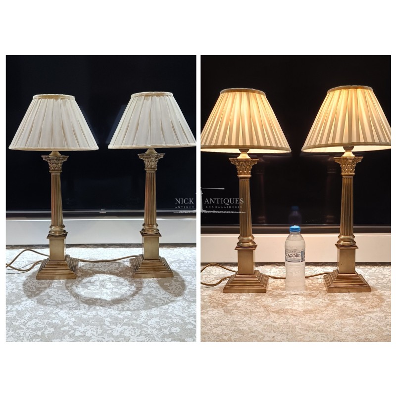 Ζευγάρι επιτραπέζια φωτιστικά Laura Ashley ορείχαλκο Κορινθιακή στήλη δεκαετία 1950